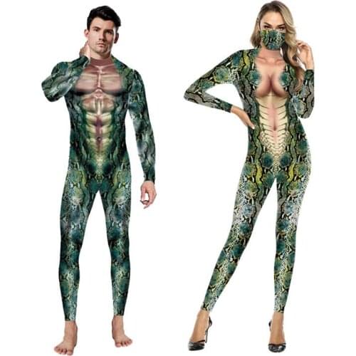 Fashion Serpentine Printed Costume Man Woman Cosplay Bodysuits Halloween Party Jumpsuits Elastic Fitness Romper Oversized Outfit