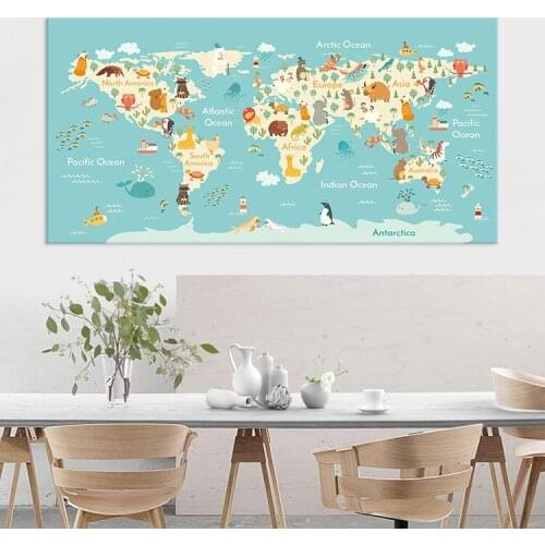 Cartoon Animal Map Canvas Children Kindergarten Decorative Painting Wall Pictures for Living Room Baby Room Decor Wall Canvas