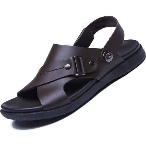 Mens Sandals Leather 2019 New Summer First Layer Cowhide Thick Bottom Non-slip Beach Middle-aged Shoes