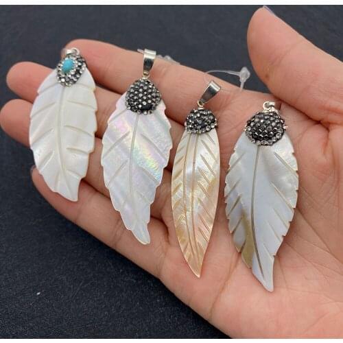 Natural Shell Pendant Leaf Shape Freshwater Shell Diamond and Turquoise Pendant for DIY Necklace Jewelry Making Designer Charm