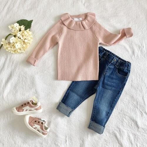 Baby Kids Girls Pullover Sweaters Autumn Kids Girls Long Sleeve Lotus Leaf Collar Knit Sweater 1-7Yrs Children Clothing