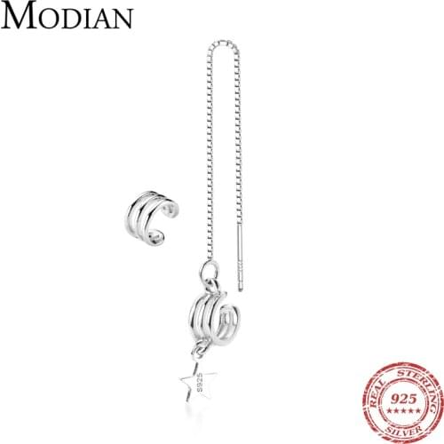 Modian Thick C-Shaped Long Chain Clips Earring for Women Gift 925 Sterling Silver Asymmetry Earring Jewelry Without Pierced Ears