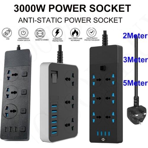 URVNS 3000W Power Strip Surge Protector Universal Socket Plug with USB 3/6 Outlet, 2/3/5 Meter Extension Cord Charging Station