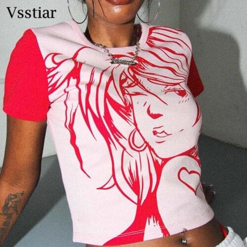 Vsstiar Y2K Cartoon T-Shirt 2021 Cute Short Sleeve Casual Women Tees New Fashion Print Black Summer Tie Dye Shirts Streetwear