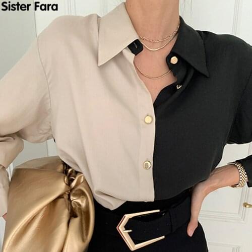 Sister Fara Elegant Turn-down Collar Long Sleeve Loose Female Blouses 2021 Spring Women Single-breasted Patchwork Shirt Tops