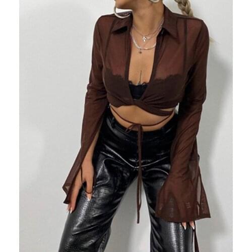 2021 Fashion Sexy Mesh Sheer Bandage Shirt Women Long Sleeve Turn-Down Collar Tie Up Crop Top Club See Through Short Blouse