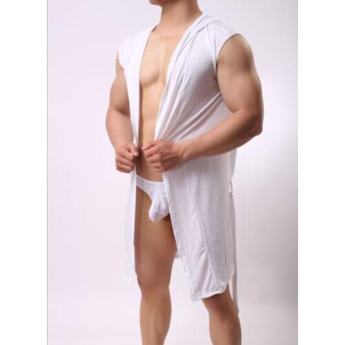Men Summer Dress Bath Robe Casual Sleeveless Hooded Pajamas Solid Color Sleepwear Fashion Nightgown Robe