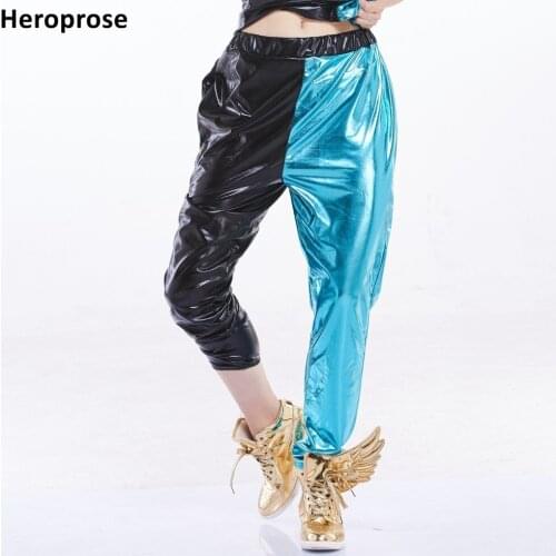 New Fashion Women Black Blue Patchwork Multi-pockets Jazz Stage performance street Show Personality Dance Hip Hop Harem Pants