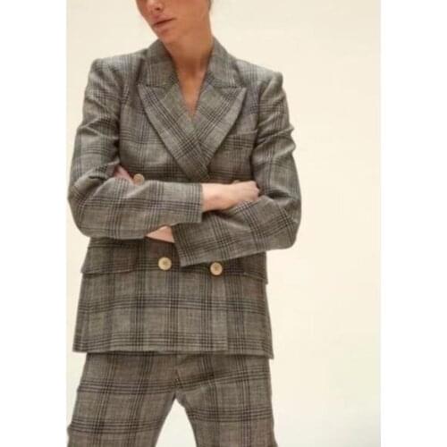 Women Plaid Ol Blazer Coat 2021 New Lady Fashion Double-Breasted Office Wear Jacket Outwear Tops