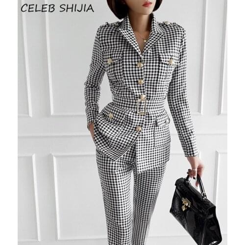 Runway Plaid Pant Sets Woman Autumn Single-breasted Jacket + Pencil Pants Woman Korean Elegant Business Two Piece Suits Fall