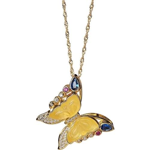 S925 sterling silver gold-plated natural amber wax pendant vintage personality butterfly womens necklace pendant