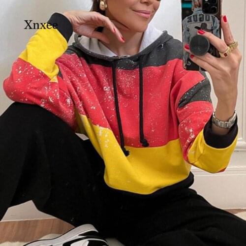 2021 Womens Fashion Patchwork Hooded Sweatshirt Loose Long Sleeve Pullover Harajuku Fall Thin Sweatshirt Top