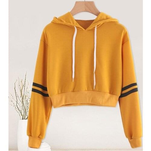 Women Striped Long Sleeve Drawstring Sweatshirt Short Pullover Crop Top Hoodies Autumn Casual Female Sweatshirt Top