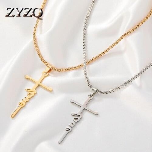 ZYZQ Gold Color English Alphabet Pendant Necklace For Women Stainless Steel Christian Cross Choker Chain Punk Jewelry Hot Sale