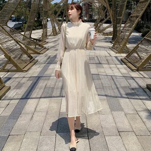 Women Stand Collar Long Sleeve Chiffon Dressese Female Solid Pleated Long Dresses Autumn Winter Mori Girl Ruffle Midi Dress