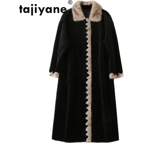 Winter Women Coat Real Fur Women Tops Sheep Shearing Fur Coat Mink Fur Collor 2021 Long Black Wool Jacket Women Tops ZT1298