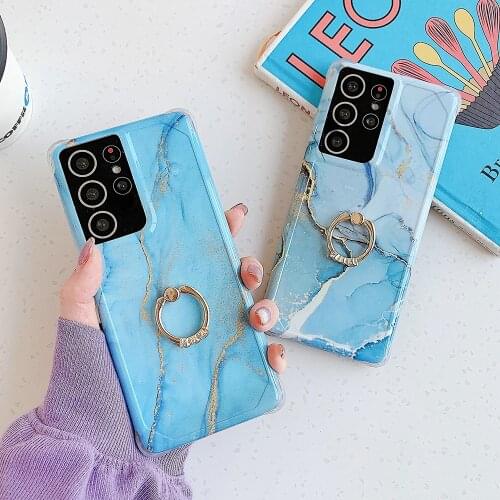 Gilded Marble Ring Holder Phone Case For Samsung S21 S20 Ultra A51 A71 S20 FE Note 20 Ultra Soft IMD Corners Shockproof Cover