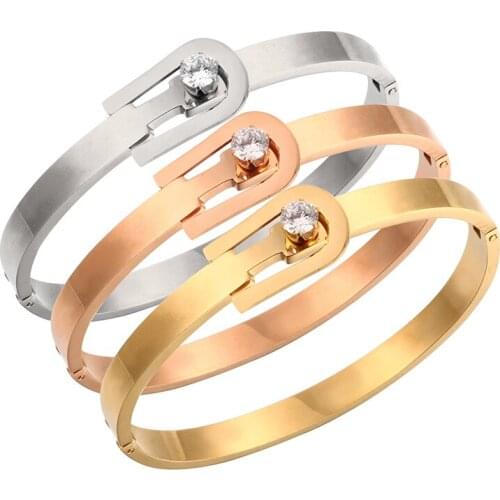 Luxury Brand Clasp Design Bracelets & Bangles CZ Crystal for Women Ladies Open Cuff Bangle Stainless Steel Wedding Jewelry