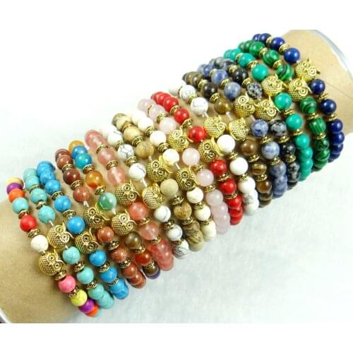 2017 Fashion 8MM Natural Stone Bracelets For Women Men Tiger Eyes Agates Gold Unakite owl Beaded Bracelets Free Shipping
