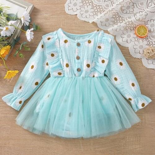 Winter Fall Baby Girls Little Daisy Knee-length Ruffled Mesh Dress Long Sleeve Buttons Clothes for Children 16 18 24 Month