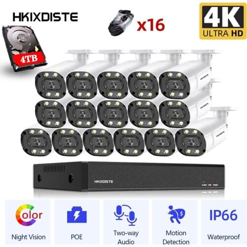 H.265+ 4K 8CH POE NVR Kit 16CH 8mp CCTV Security Camera System Outdoor Two-way Audio POE IP Bullet Camera Video Surveillance Set