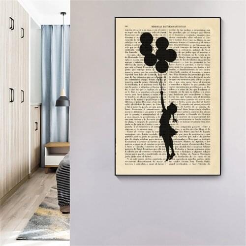 Flying Girl with Balloons Art Painting Print Street Graffiti Art Stencils Book Poster Room Wall Decor on Dictionary Art Cuadros