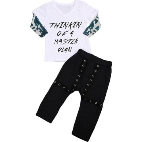 2pcs Boys Outfits Newborn Kids Baby Boy Clothes Letters Patchwork T-shirt Top+ Black Rivet Long Pants Set Summer