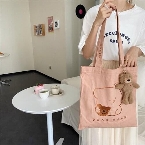 Korean Ins Embroidery Bear Shoulder Bag Cute Pink Cotton Canvas Bag Reusable Shopping Tote Bag Handbags for Women Girl Book Bag