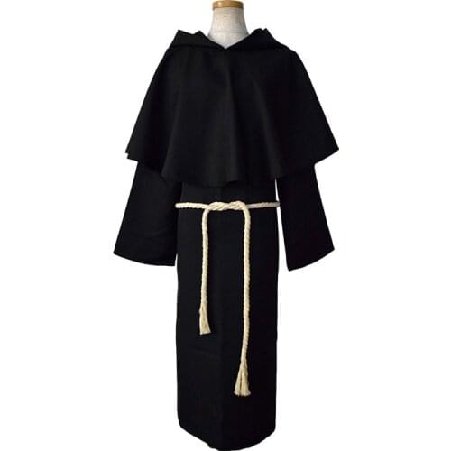 Cosplay Medieval Halloween Unisex Costume Popular Missionary Clergy Adult Black Monk Long Robe with Belt Waistsash Vestments