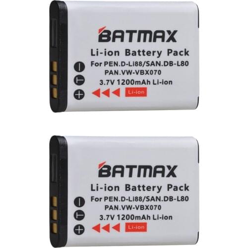 2X 1200mAh D-Li88 DLI88 DB-L80 VW-VBX070 Li-ion Battery for Pentax Optio H90 P70 P80 W90 WS80 Cameras Sanyo Xacti DMX-CG11 VP