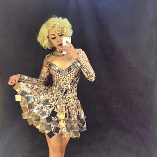 Fashion Handmade Beyonce Costume Roupa Feminina Rhinestone Bodysuit Stage Dress for Singers Nightclub Dress Mirror Dresses 2020