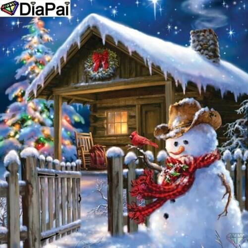 DIAPAI Art 5D Diy Diamond Painting "Snowman house view" Diamond Pictures Cross Stitch 3D Rhinestone Embroidery Decor A26736