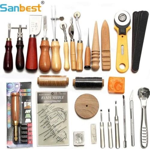 Sanbest Professional Leather Craft Tools Kit Hand Sewing Stitching Punch Carving Work Hole Saddle Groover Set Accessories DIY