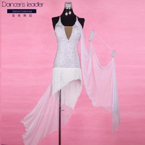 New Latin Dance Dress Competition Dress Costumes Skirt Performing Dress Tassel Rhinestones Adult Customize Children White V-neck