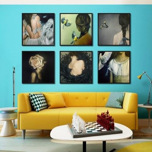 Nordic Modern Style The Sexy Woman Feathers Flowers And Birds Painting Posters And Prints Wall Pictures For Living Room Decor