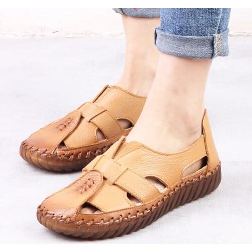 Womens Sandals 2018 Summer Genuine Leather Handmade Ladies Shoe Leather Sandals Women Flats Retro Style Mother Shoes