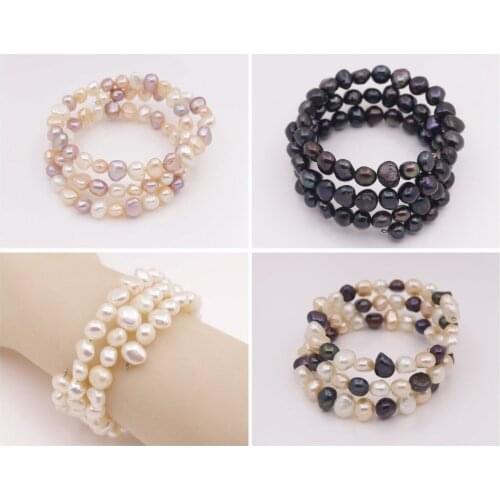 3 ROWS Real Black Baroque Pearl 6mm-8mm Stone Handmade Stretch Bracelet 7" inches