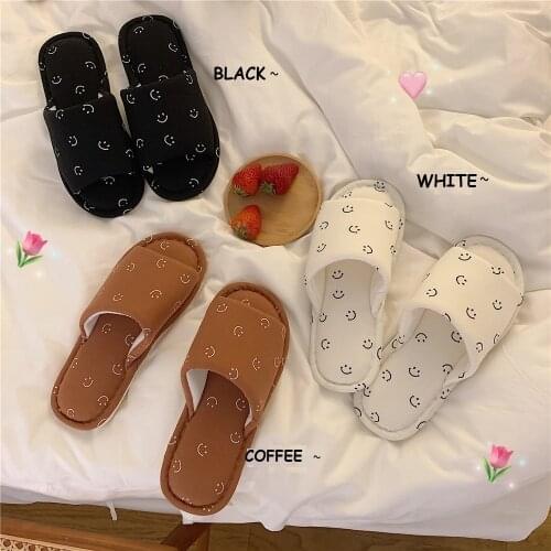 Womens Slippers Japanese Style Smile Face Design Cotton Fabric Material Zapato De Mujer Couple Shoes Indoor Flat Slides Shoes
