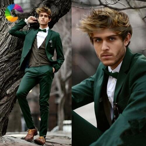 Dark Green Slim Fit Men Suits Wedding Groom Tuxedos 2 Pieces (Jacket+Pants) Bridegroom Set Best Man Blazer
