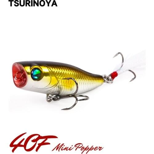 TSURINOYA Mini POPPER Hard Fishing Lure DW55 40mm 3g Surface Water Sound Temptation Wobblers Swimbait Feather Hook Hard Bait