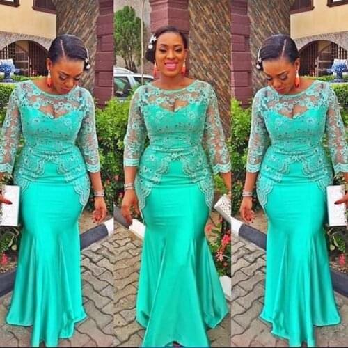 Green Aso Ebi Prom Dresses With 3/4 Long Sleeves Lace Beads Plus Size Mermaid Evening Dresses Sheer Party Cocktail Gowns