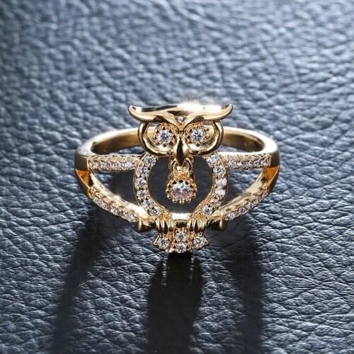 Women Fashion 18K Gold Ring Elegant Owl Natural White Sapphire Jewelry Wedding Engagement Party Ring Size 5-11