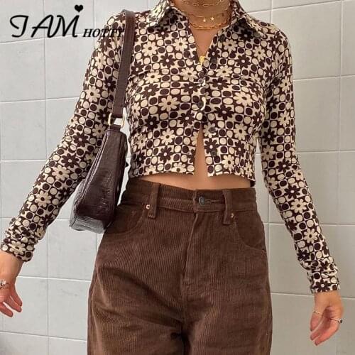 Vintage Floral Print Button-up Long Sleeve T-shirt Women Harajuku Fashion Turn-down Collar Shirts Female y2k Cardigan Iamhotty