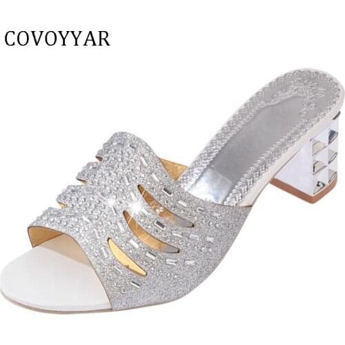 COVOYYAR Bling Women Slippers Mules 2019 Summer Rhinestone Slingback Women Sandals Peep Toe High Heels Sliver/Gloden WSL623