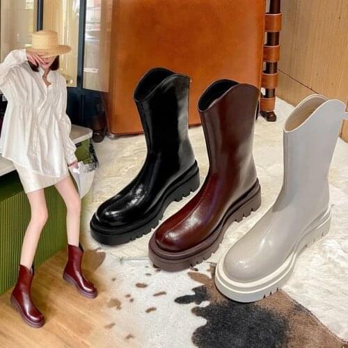 2021 Winter Platform Boots Woman Stiching Shoes Platform Botas High Top Ladies Solid PU Leather Motorcycle Bottes Zip Ankle Boot