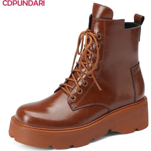 Ladies Black Brown Genuine Leather Med Heels Ankle Boots Women Autumn Winter Motorcycle Short Boots Shoes Bottes Plateforme