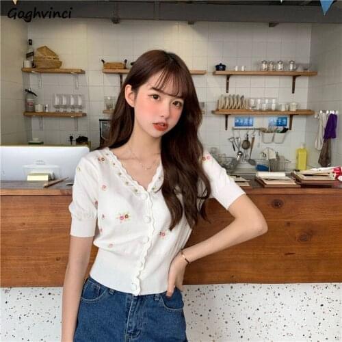 Shirts Women Summer Embroidery Floral Cropped Slim 3 Colors Girls Kawaii Fashion Comfortable V-neck All-match Elegant Leisure