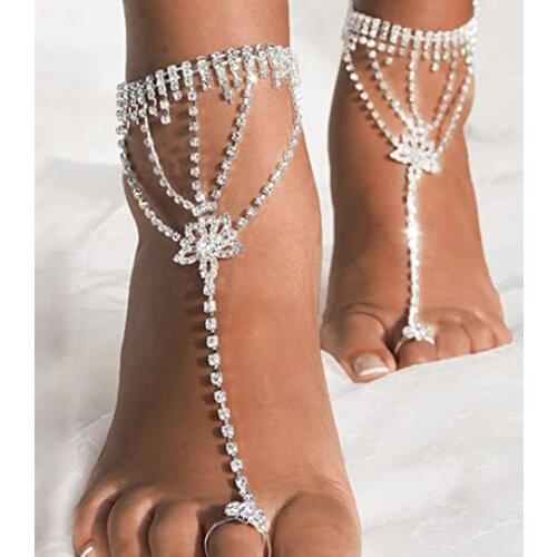 Stonefans 2Pcs Boho Flowers Rhinestone Toe Ring Anklet for Women Summer Exaggerate Crystal Toe Bracelet Beach Jewelry Wholesale
