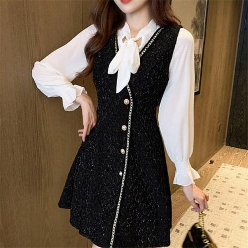 2021 New Chic Two Piece Set Women Black Tweed Vest Dress White Blouse Flare Sleeve Spring Autumn Pearls A-line Dresses Suits