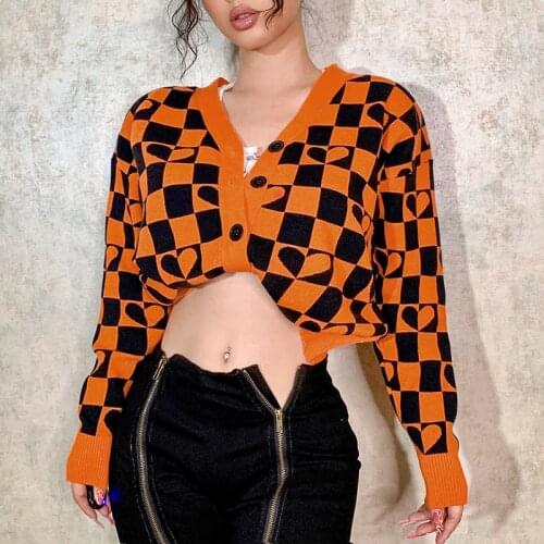 Knitted Plaid Cardigan Women Single Breasted 2021 Autumn Vintage Causal Sweater Tops Female O Neck Long Sleeve Outerwear Coat